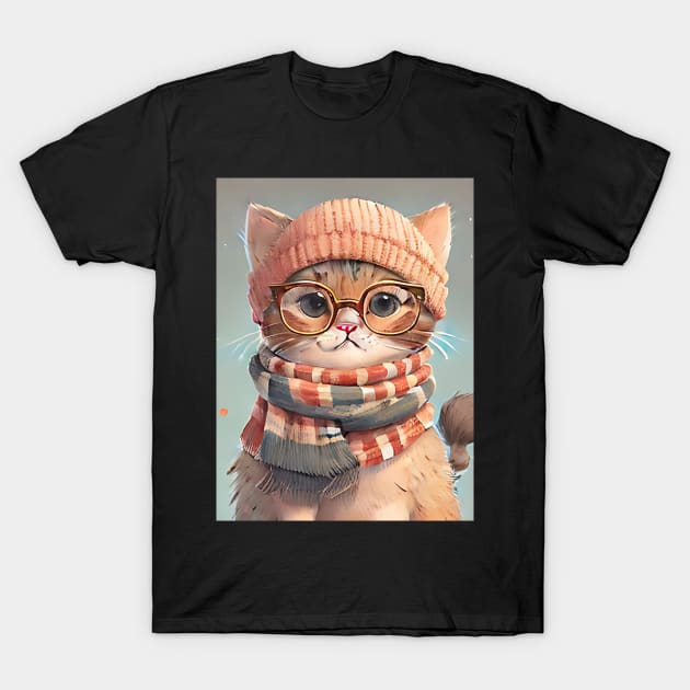 Cute Kitten with Glasses and Winter Clothes T-Shirt by PRINT OF ANIMAL